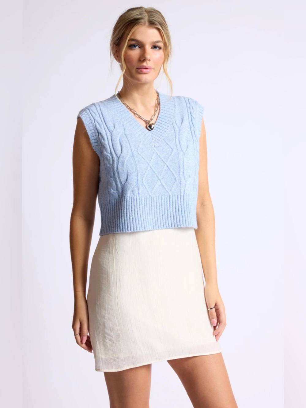 Sage Light Blue Cable Knit V-Neck Sleeveless Sweater Vest